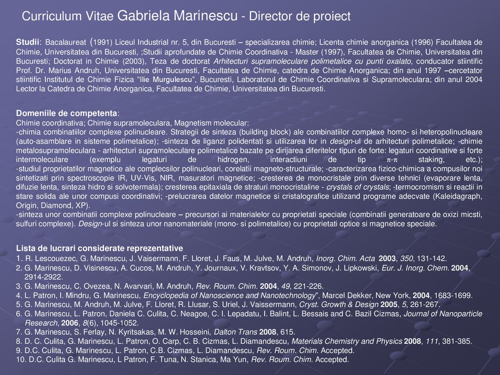 Curriculum Vitae Gabriela Marinescu - Director de proiect