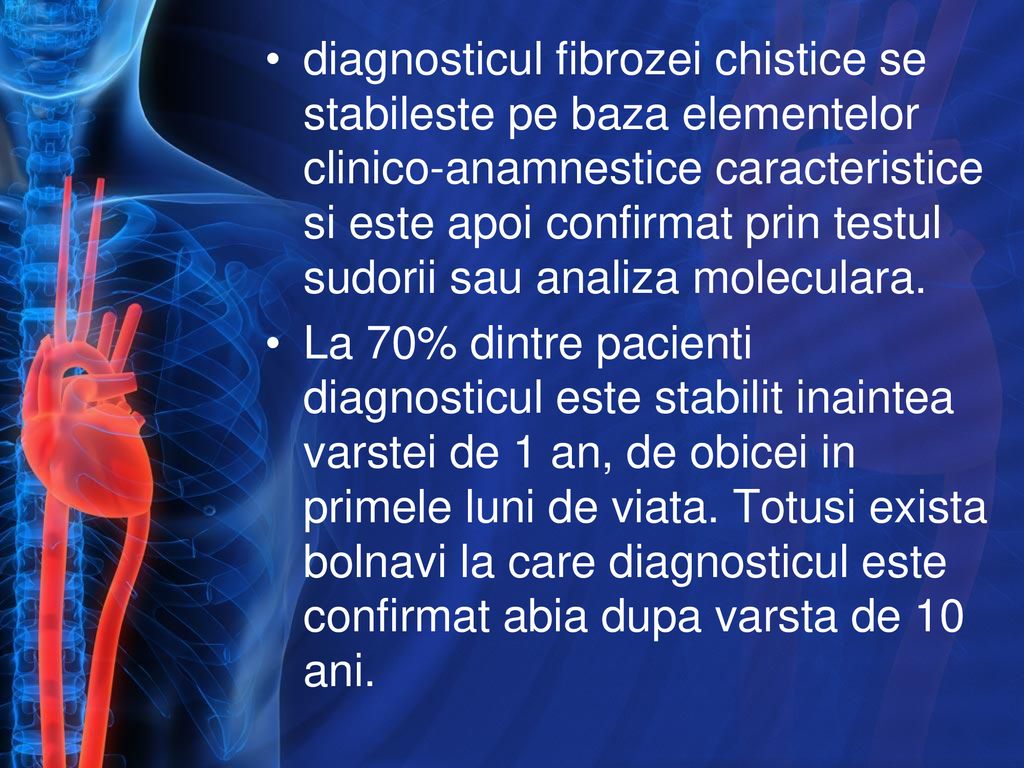 diagnosticul fibrozei chistice se stabileste pe baza elementelor clinico-anamnestice caracteristice si este apoi confirmat prin testul sudorii sau analiza moleculara.
