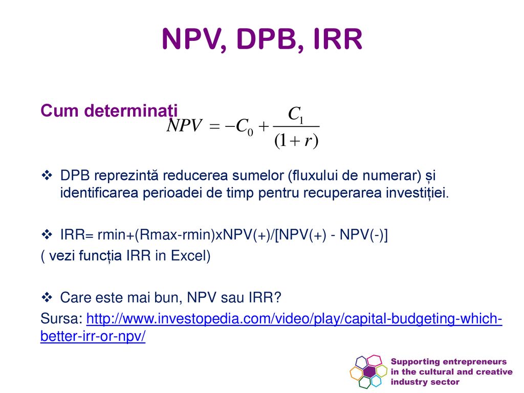 NPV, DPB, IRR Cum determinați