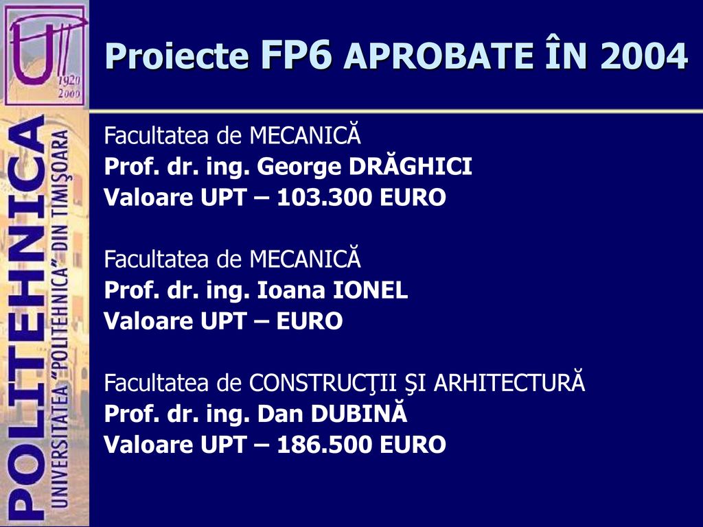 Proiecte FP6 APROBATE ÎN 2004