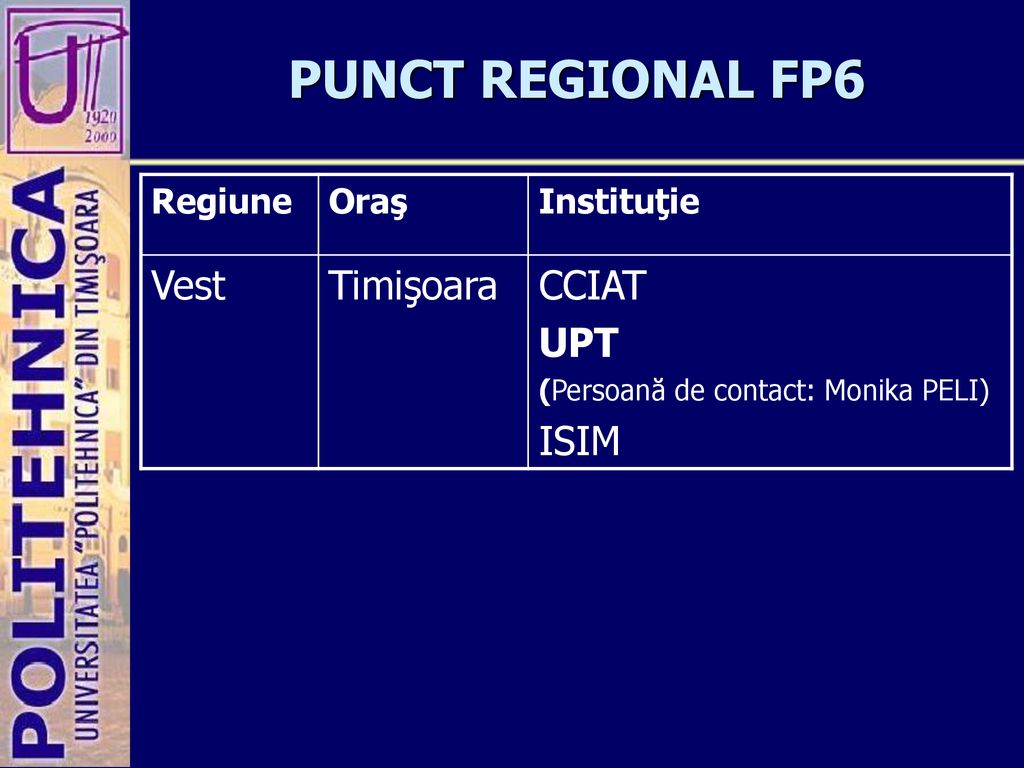 PUNCT REGIONAL FP6 Vest Timişoara CCIAT UPT ISIM Regiune Oraş