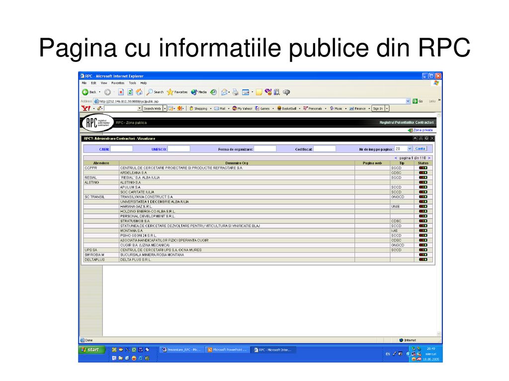 Pagina cu informatiile publice din RPC