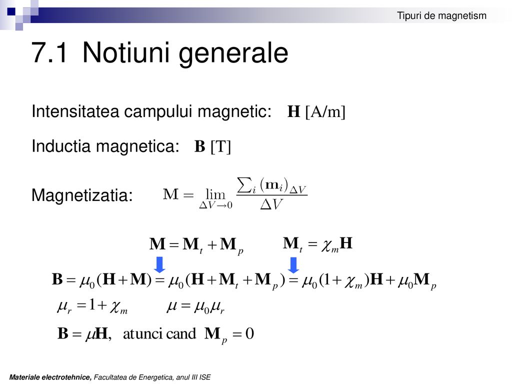 7.1 Notiuni generale Intensitatea campului magnetic: H [A/m]