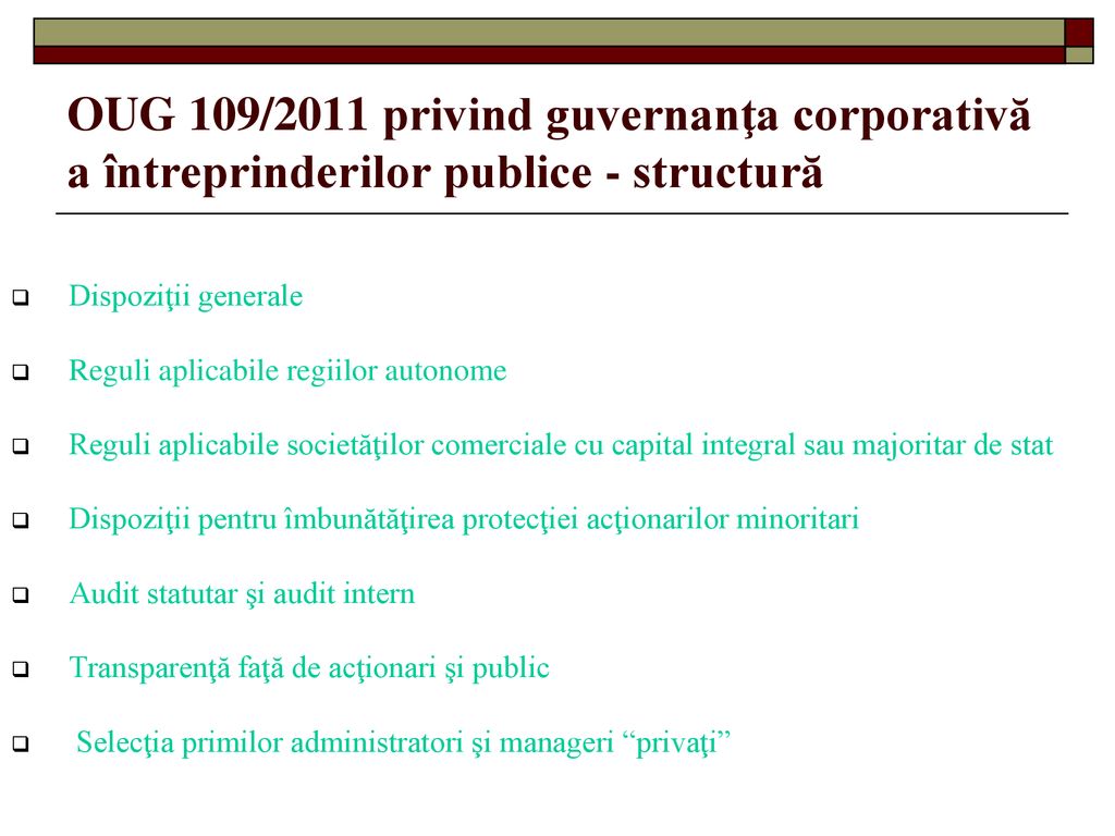 OUG 109/2011 privind guvernanţa corporativă a întreprinderilor publice - structură