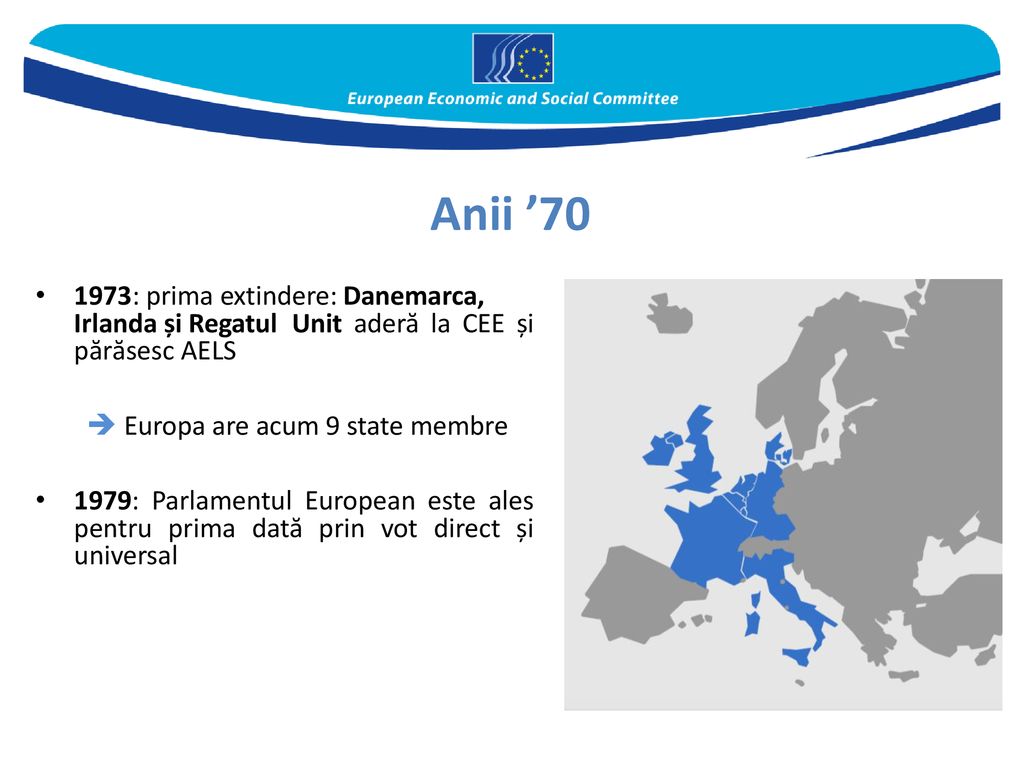 Anii ’ : prima extindere: Danemarca, Irlanda și Regatul Unit aderă la CEE și părăsesc AELS.  Europa are acum 9 state membre.