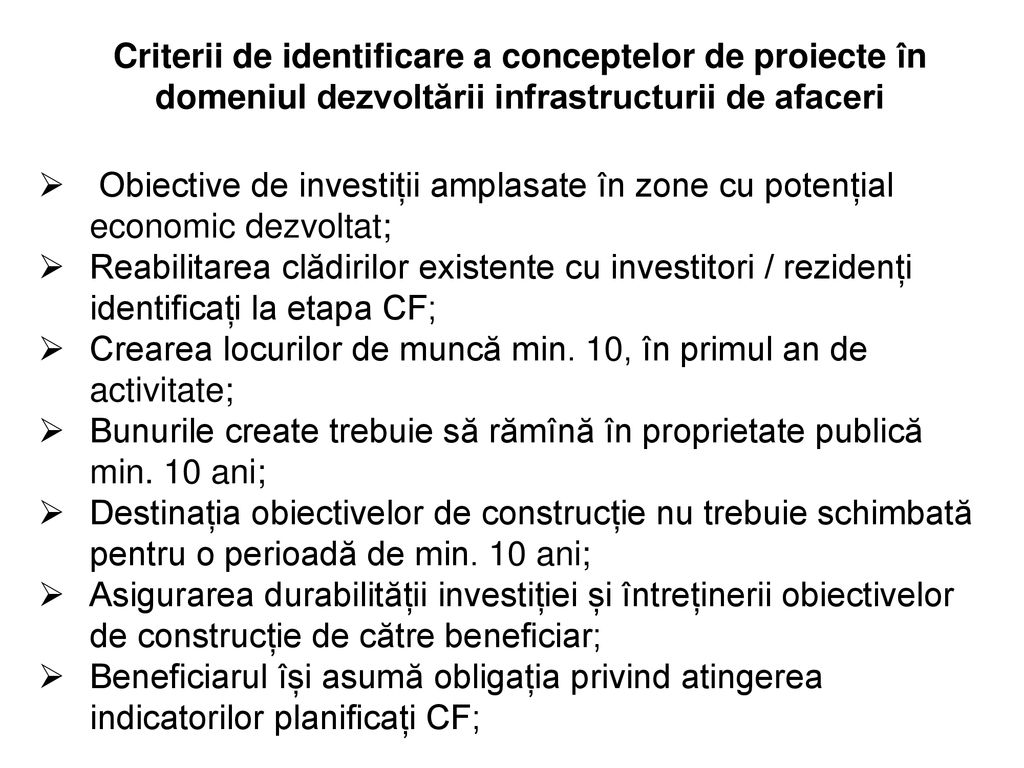 Criterii de identificare a conceptelor de proiecte în domeniul dezvoltării infrastructurii de afaceri
