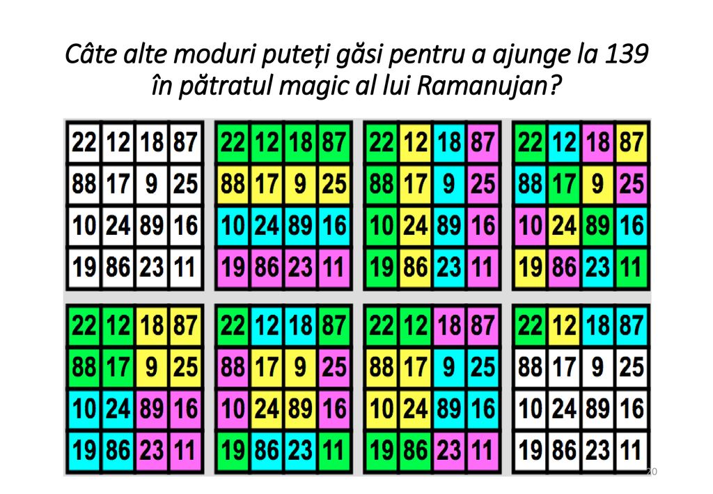Câte alte moduri puteți găsi pentru a ajunge la 139 în pătratul magic al lui Ramanujan