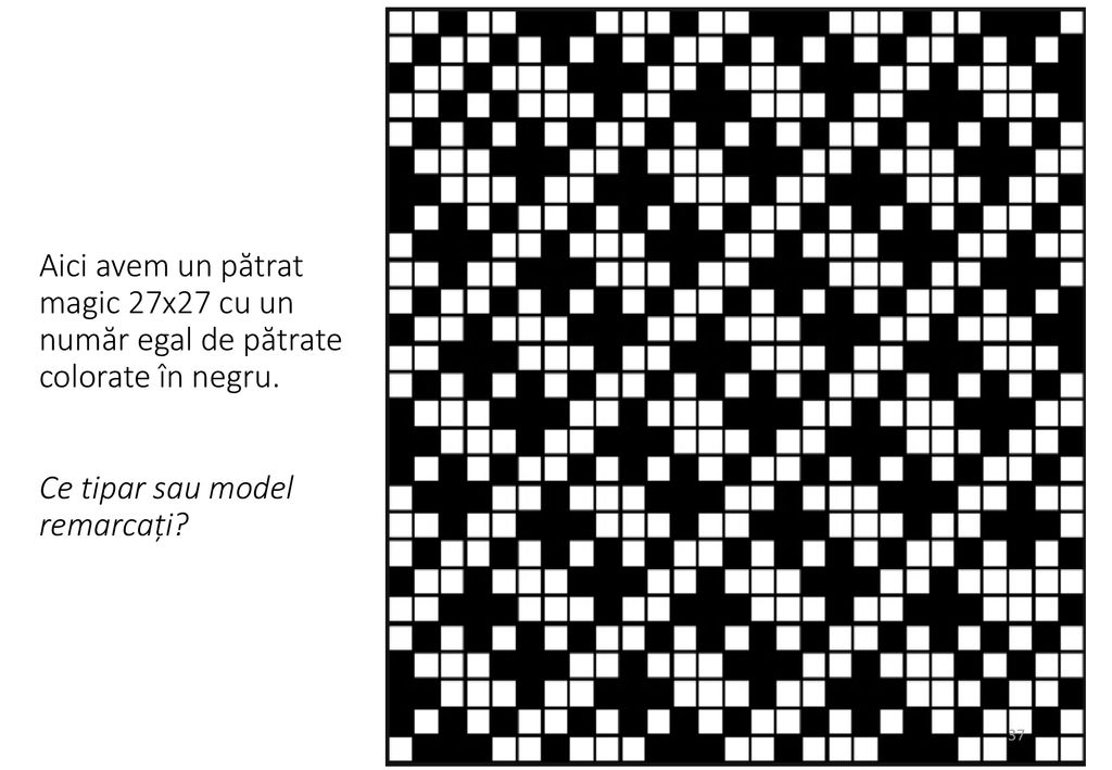 Aici avem un pătrat magic 27x27 cu un număr egal de pătrate colorate în negru. Ce tipar sau model remarcați