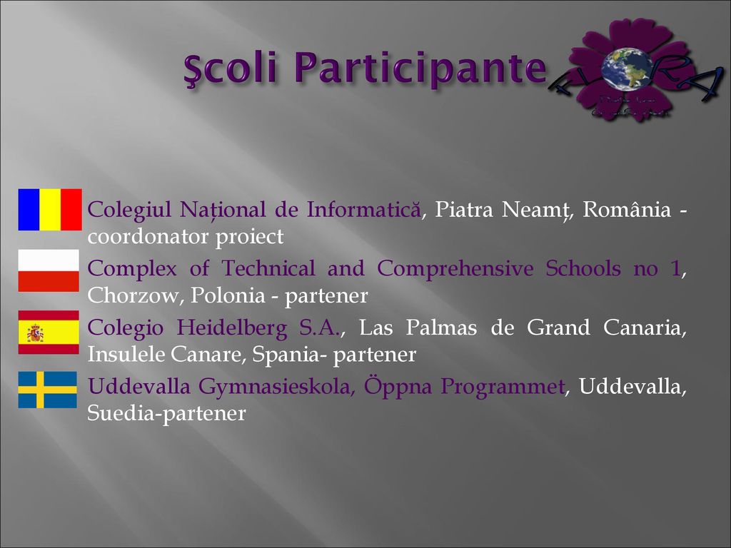 Şcoli Participante Colegiul Naţional de Informatică, Piatra Neamţ, România -coordonator proiect.