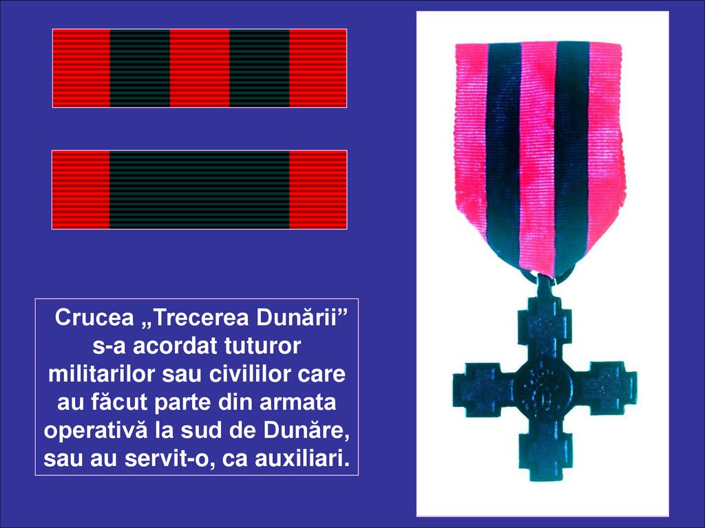 Crucea „Trecerea Dunării s-a acordat tuturor militarilor sau civililor care au făcut parte din armata operativă la sud de Dunăre, sau au servit-o, ca auxiliari.