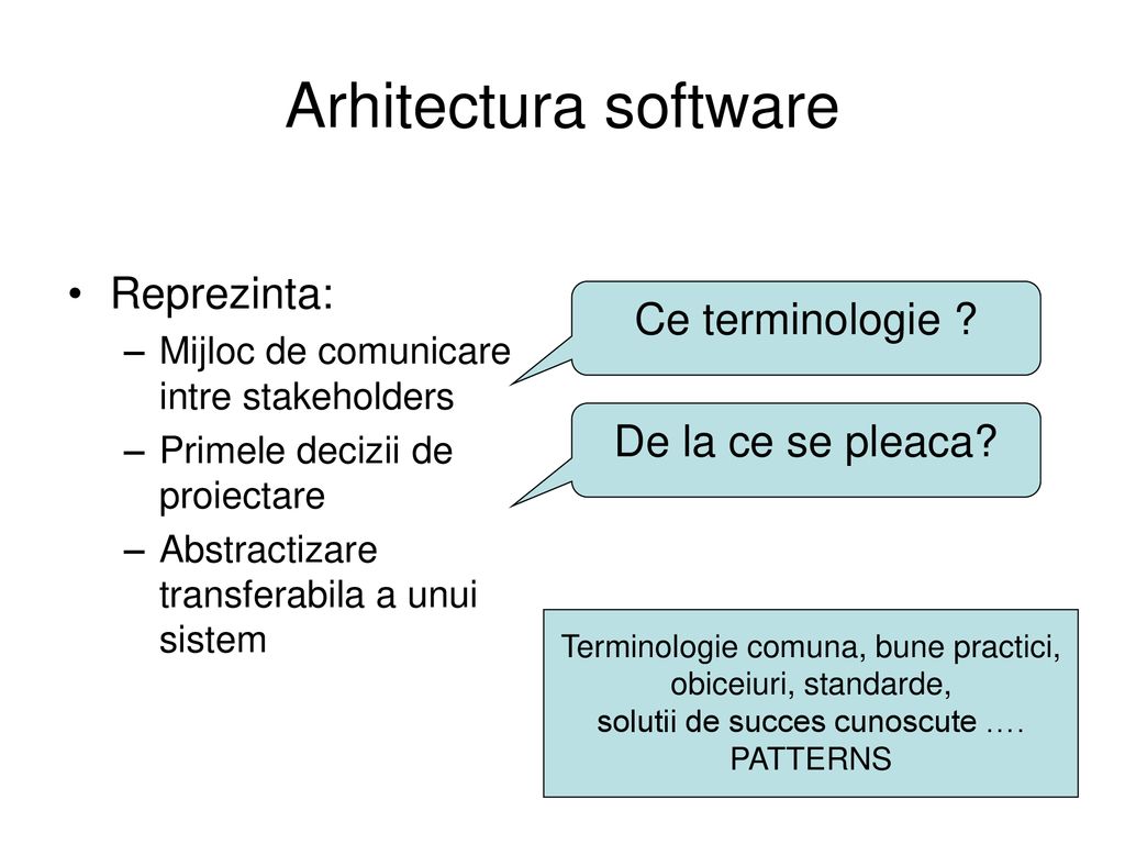 Arhitectura software Reprezinta: Ce terminologie De la ce se pleaca