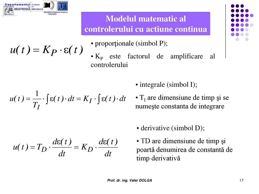 Modelul matematic al controlerului cu actiune continua