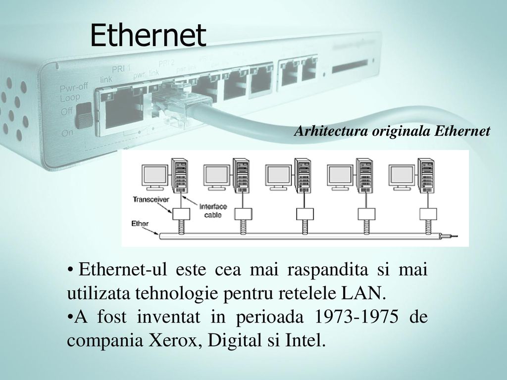 Ethernet Arhitectura originala Ethernet. Ethernet-ul este cea mai raspandita si mai utilizata tehnologie pentru retelele LAN.