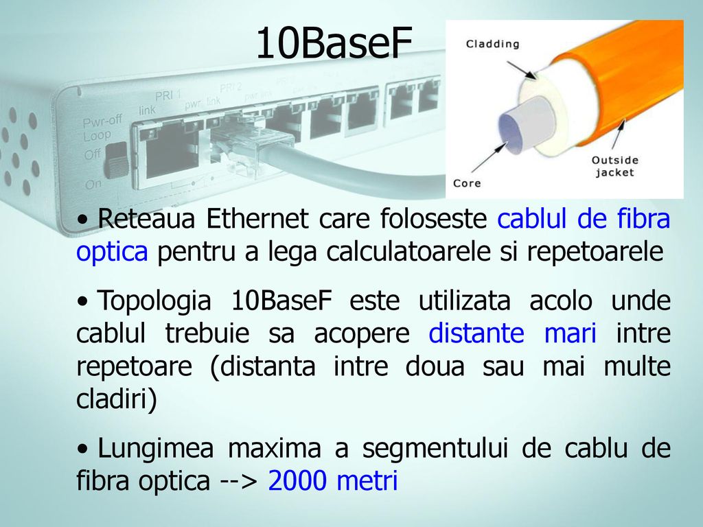 10BaseF Reteaua Ethernet care foloseste cablul de fibra optica pentru a lega calculatoarele si repetoarele.