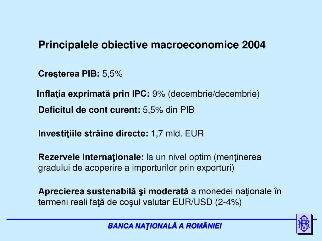 Principalele obiective macroeconomice 2004