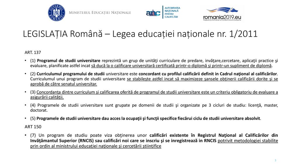 LEGISLAȚIA Română – Legea educației naționale nr. 1/2011