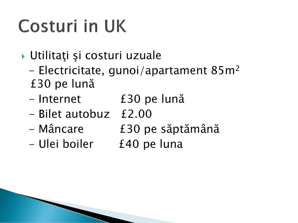 Costuri in UK Utilitaţi şi costuri uzuale