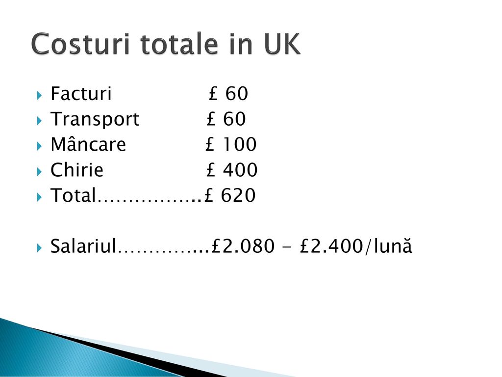 Costuri totale in UK Facturi £ 60 Transport £ 60 Mâncare £ 100
