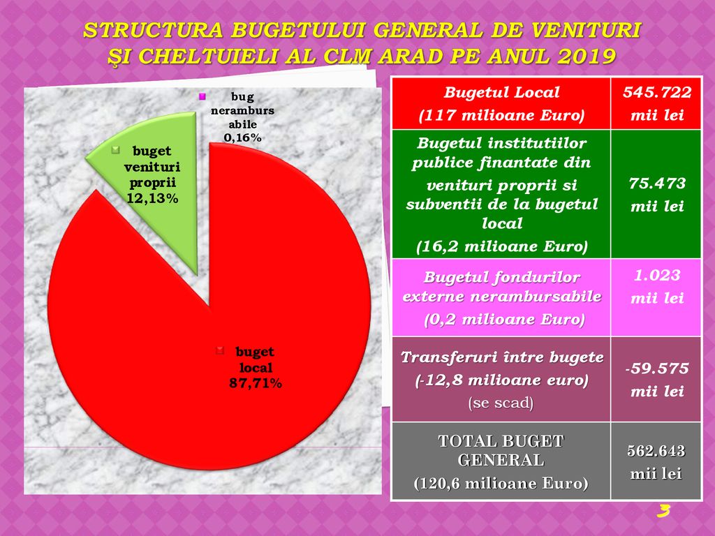 Structura Bugetului General de Venituri şi Cheltuieli al CLM Arad pe anul 2019