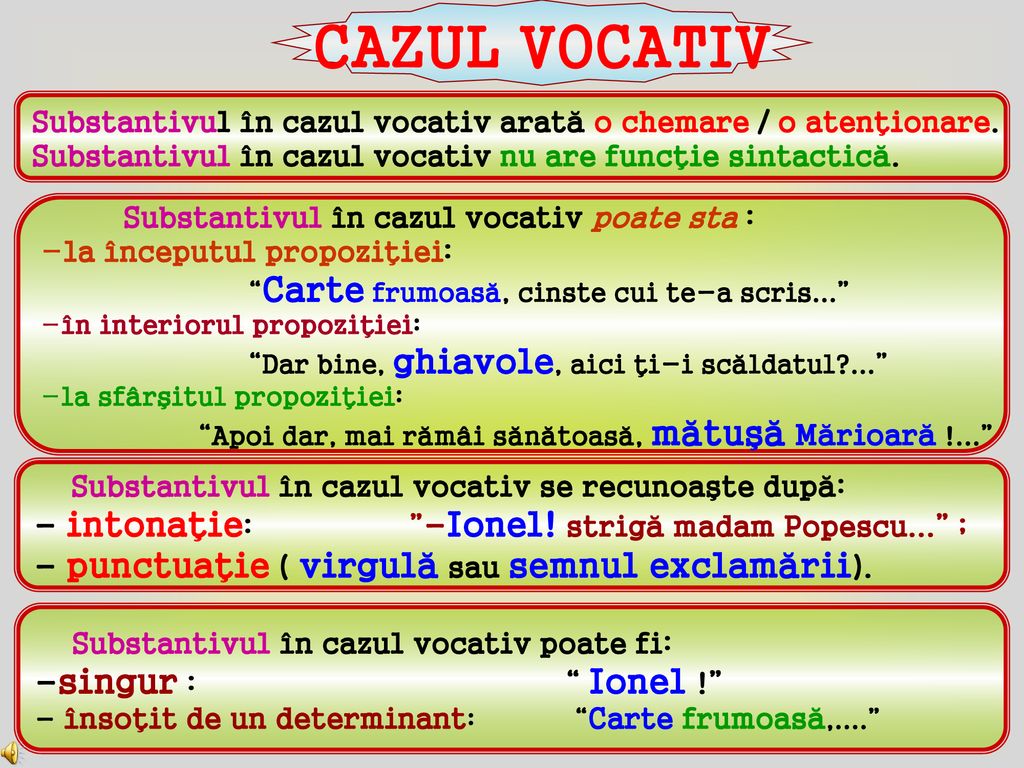 CAZUL VOCATIV Substantivul în cazul vocativ arată o chemare / o atenţionare. Substantivul în cazul vocativ nu are funcţie sintactică.