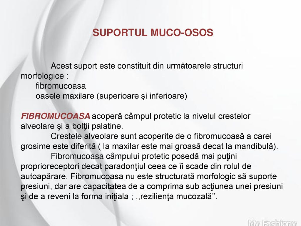 SUPORTUL MUCO-OSOS Acest suport este constituit din următoarele structuri morfologice : fibromucoasa.