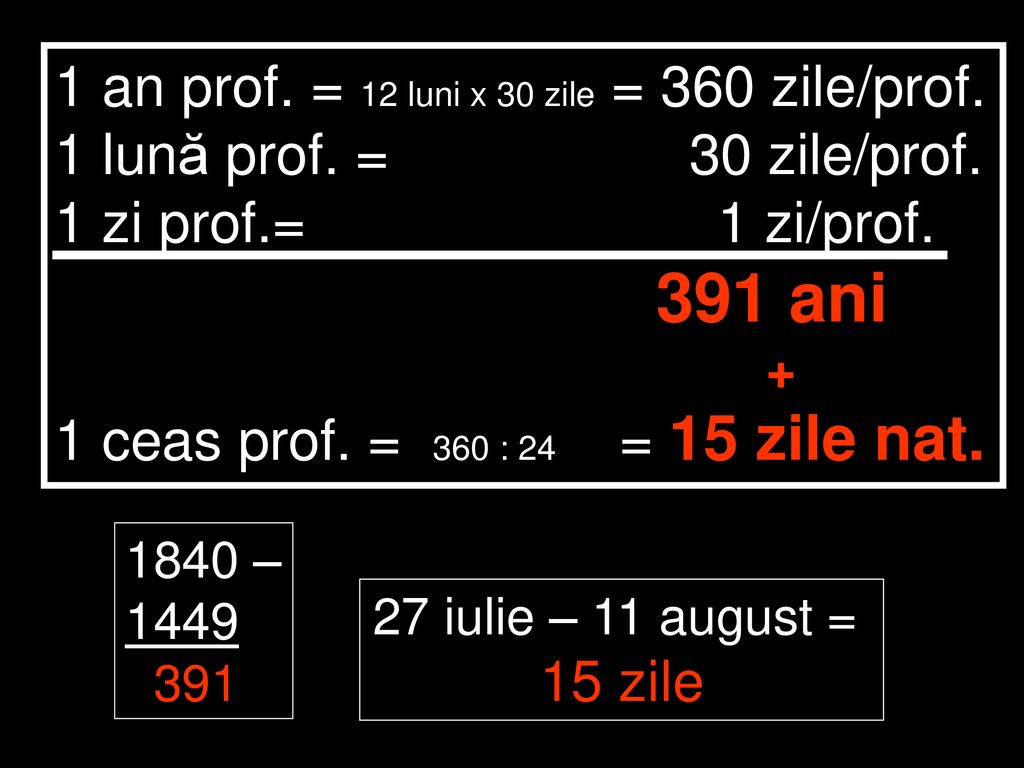 1 an prof. = 12 luni x 30 zile = 360 zile/prof.