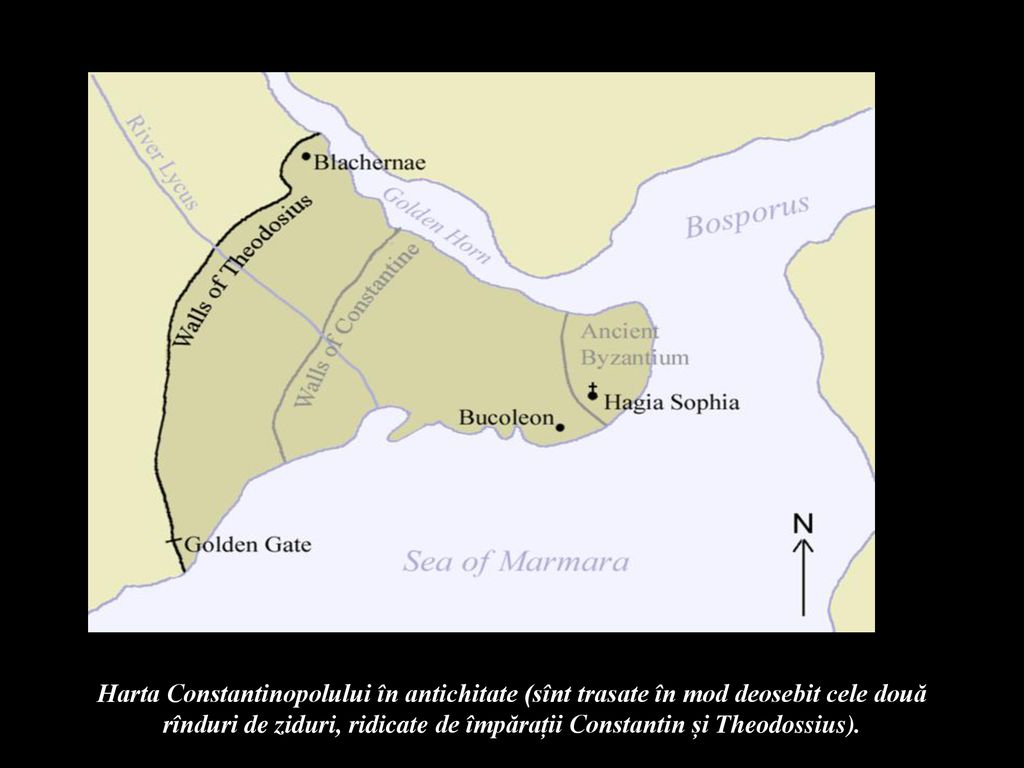 Harta Constantinopolului în antichitate (sînt trasate în mod deosebit cele două rînduri de ziduri, ridicate de împărații Constantin și Theodossius).