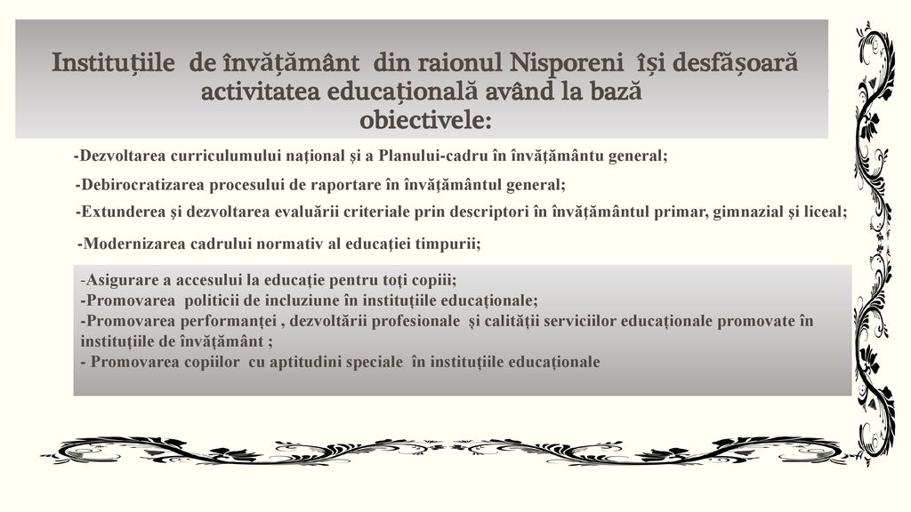 Instituțiile de învățământ din raionul Nisporeni își desfășoară activitatea educațională având la bază obiectivele: