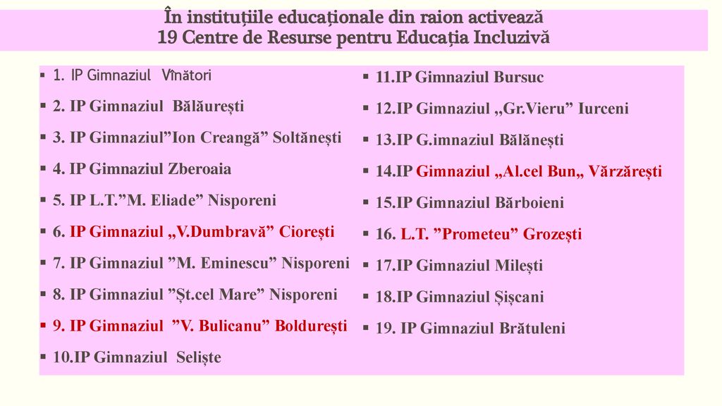 În instituțiile educaționale din raion activează 19 Centre de Resurse pentru Educația Incluzivă