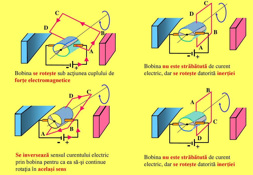 C - + C. D. D. B. B. + A. - A. Bobina nu este străbătută de curent electric, dar se roteşte datorită inerţiei.