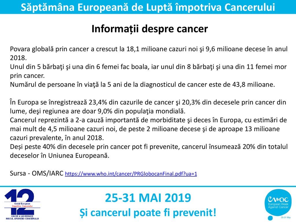 25-31 MAI 2019 Săptămâna Europeană de Luptă împotriva Cancerului