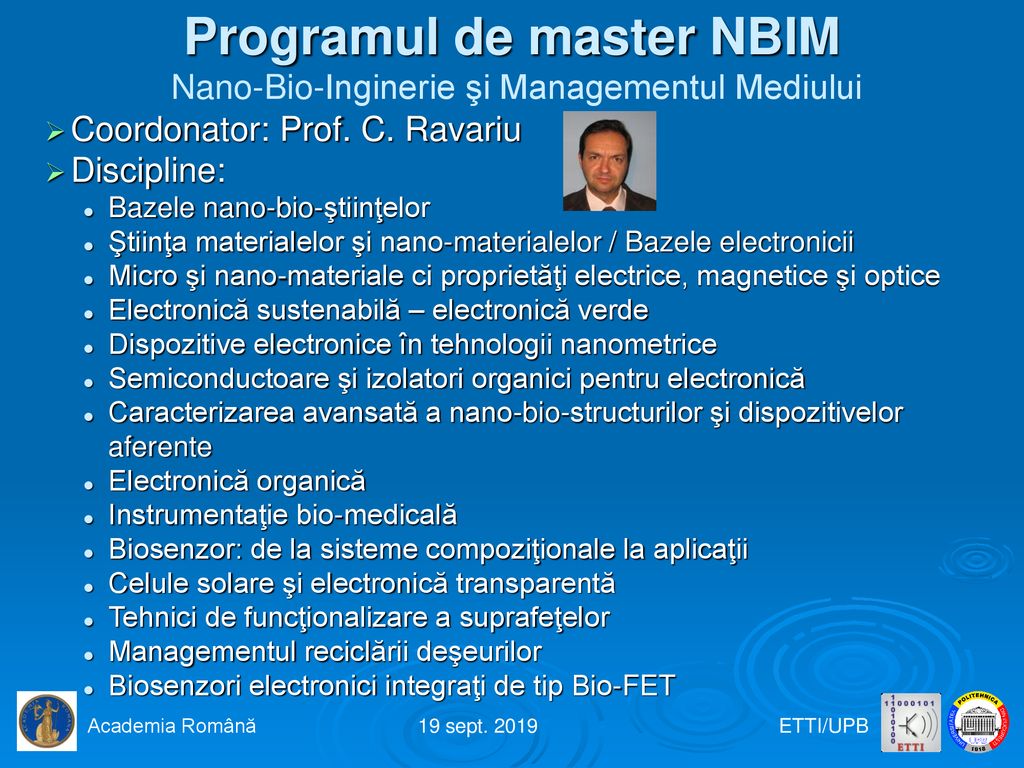 Programul de master NBIM Nano-Bio-Inginerie şi Managementul Mediului