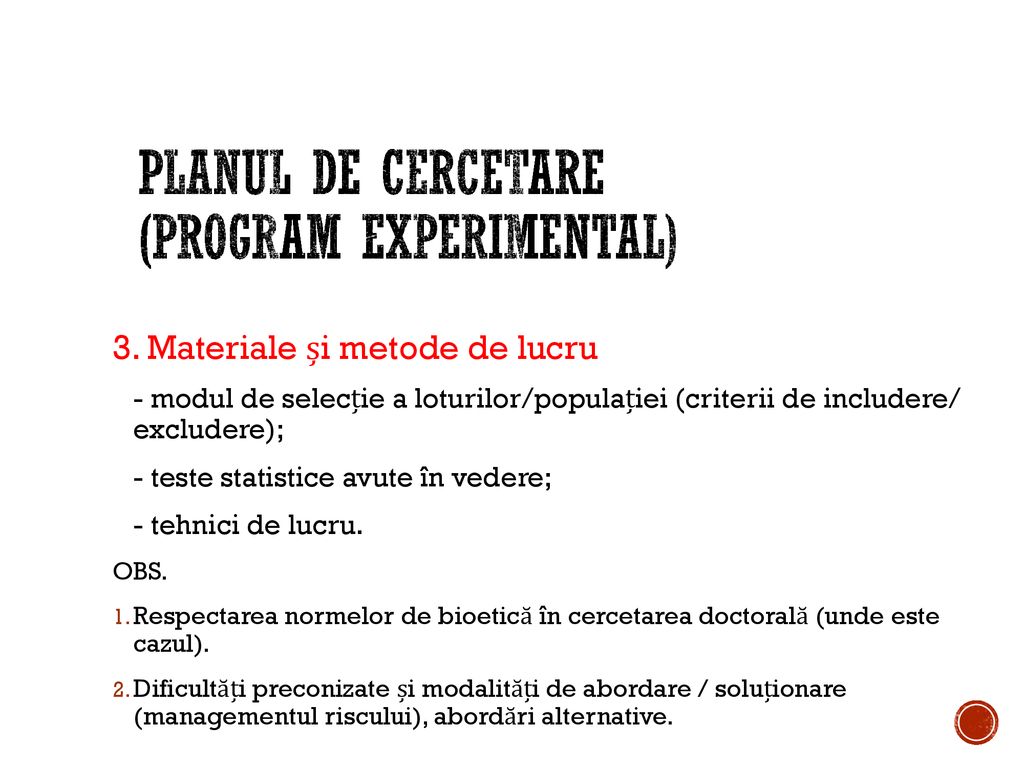 Planul de cercetare (Program experimental)