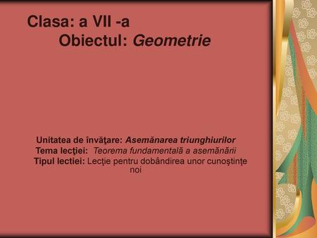 Clasa: a VII -a Obiectul: Geometrie