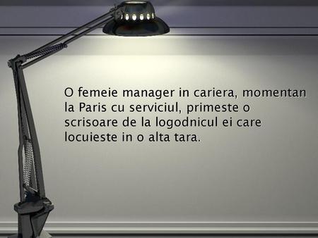 O femeie manager in cariera, momentan la Paris cu serviciul, primeste o scrisoare de la logodnicul ei care locuieste in o alta tara.