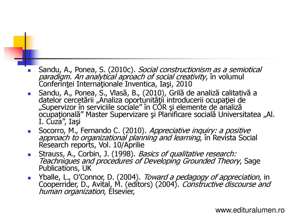 Sandu, A., Ponea, S. (2010c). Social constructionism as a semiotical paradigm. An analytical aproach of social creativity, în volumul Conferinţei Internaţionale Inventica, Iaşi, 2010