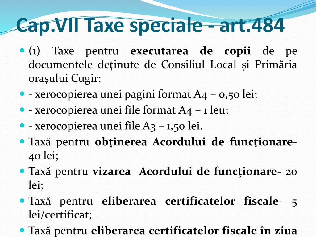 Cap.VII Taxe speciale - art.484