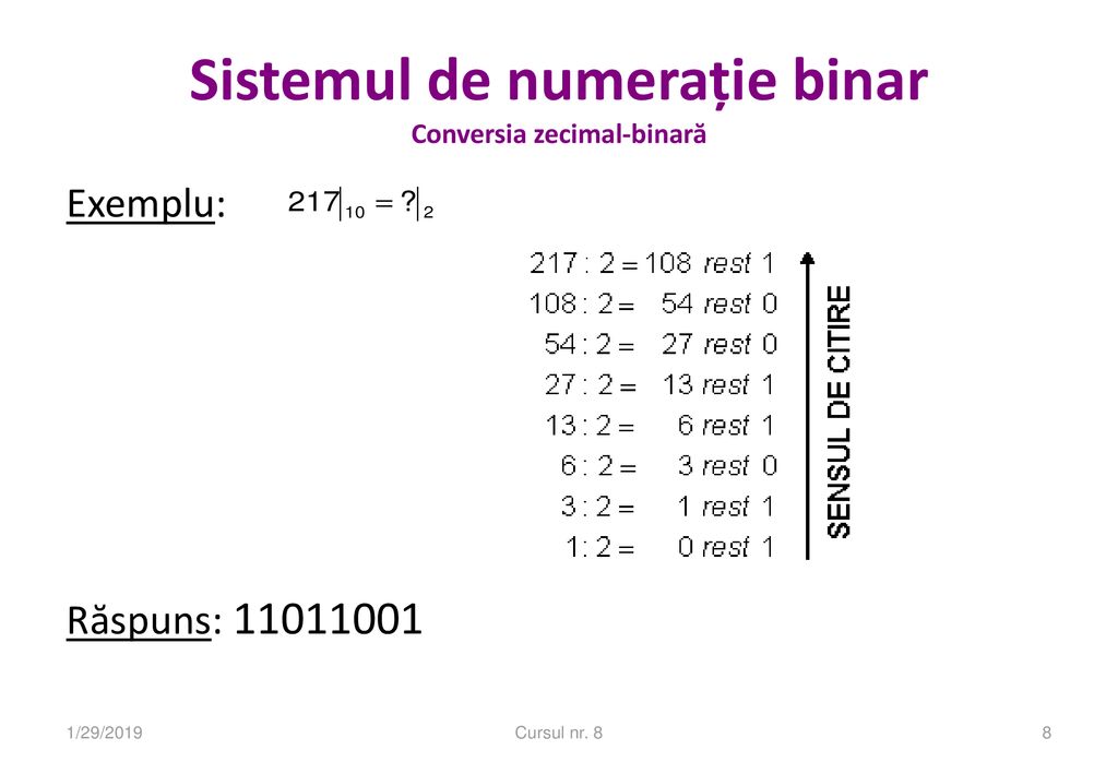Sistemul de numerație binar Conversia zecimal-binară