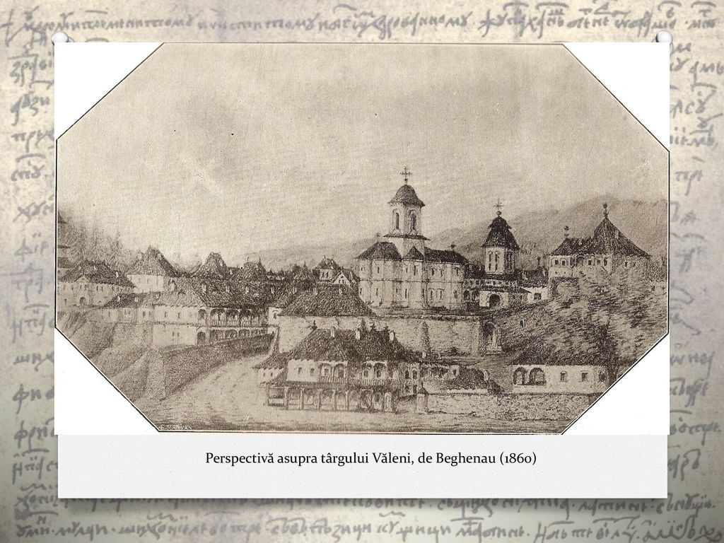 Perspectivă asupra târgului Văleni, de Beghenau (1860)