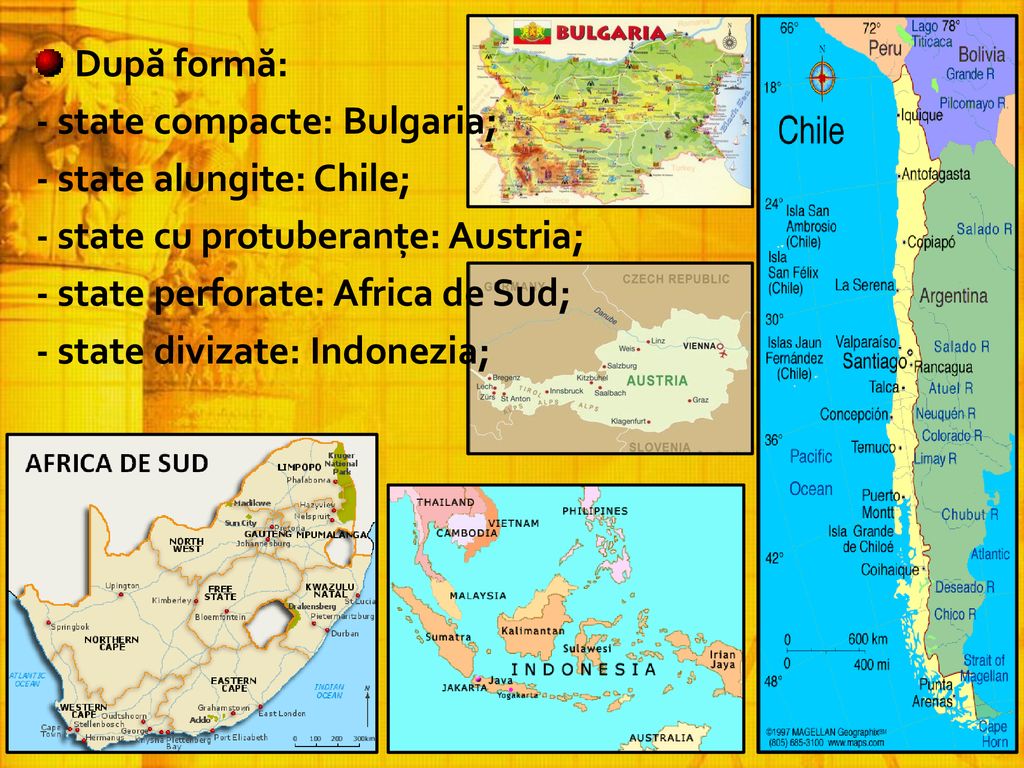După formă: - state compacte: Bulgaria; - state alungite: Chile; - state cu protuberanţe: Austria;