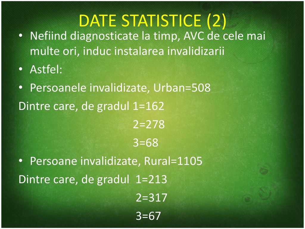 DATE STATISTICE (2) Nefiind diagnosticate la timp, AVC de cele mai multe ori, induc instalarea invalidizarii.