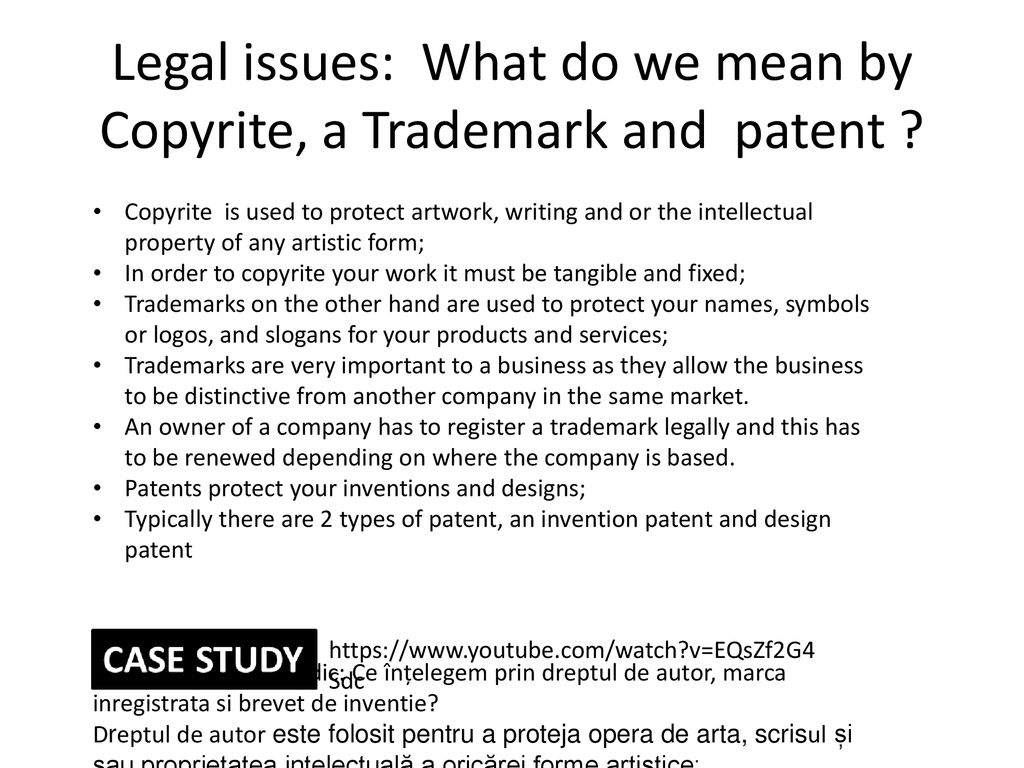 Legal issues: What do we mean by Copyrite, a Trademark and patent