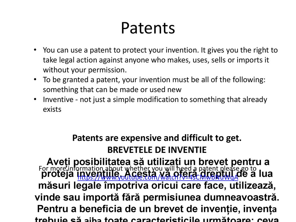 Patents Patents are expensive and difficult to get.