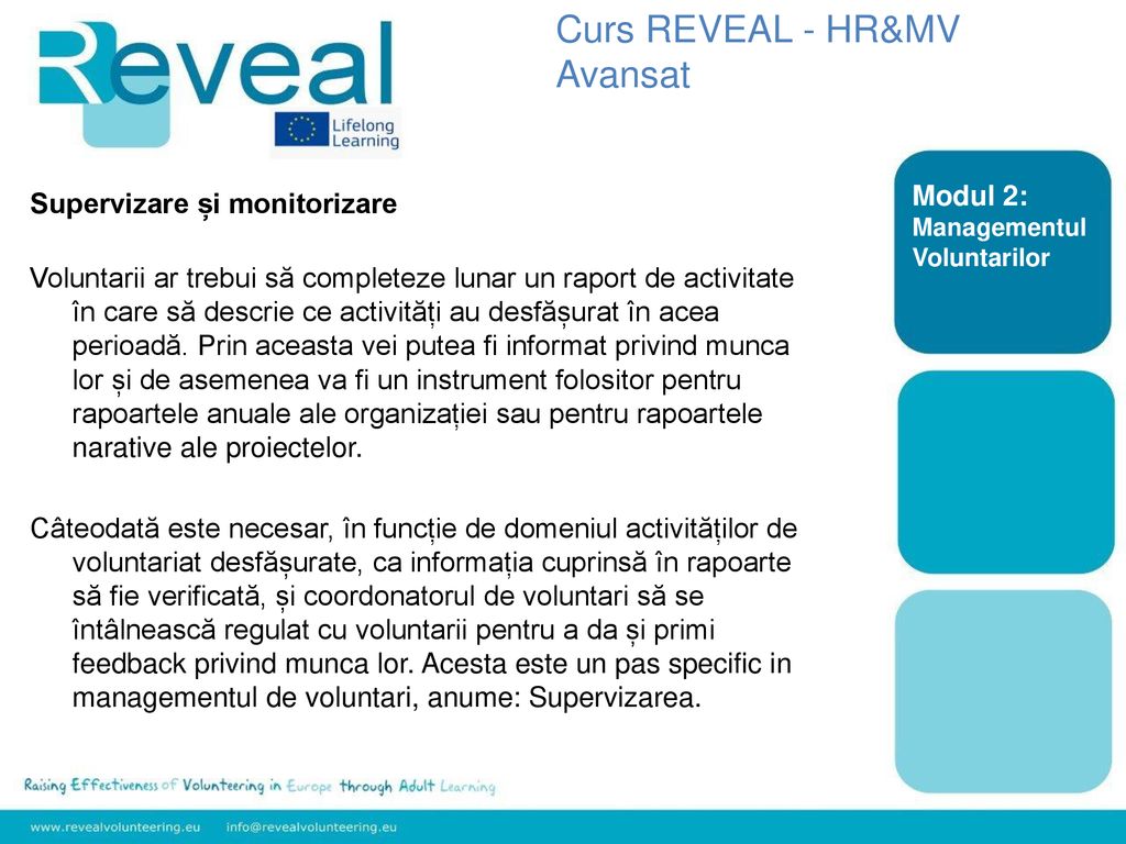 Curs REVEAL - HR&MV Avansat Supervizare și monitorizare Modul 2: