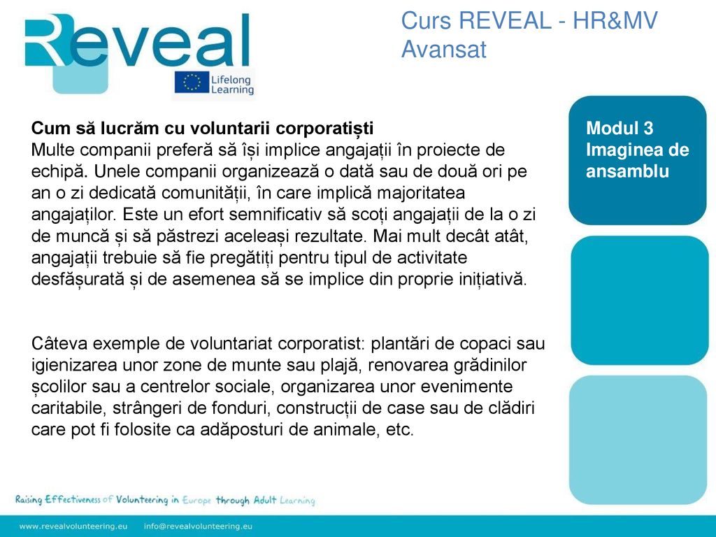 Curs REVEAL - HR&MV Avansat Cum să lucrăm cu voluntarii corporatiști