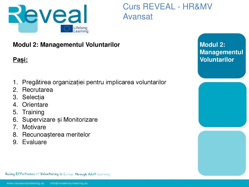 Curs REVEAL - HR&MV Avansat Modul 2: Managementul Voluntarilor Pași: