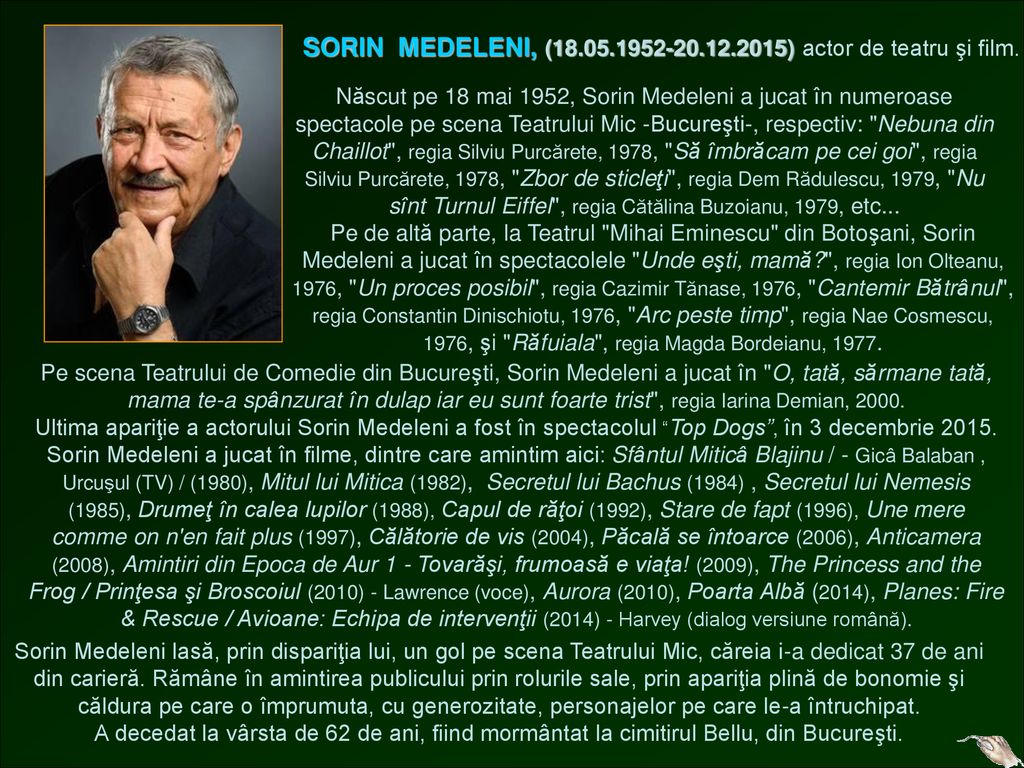 SORIN MEDELENI, ( ) actor de teatru şi film.