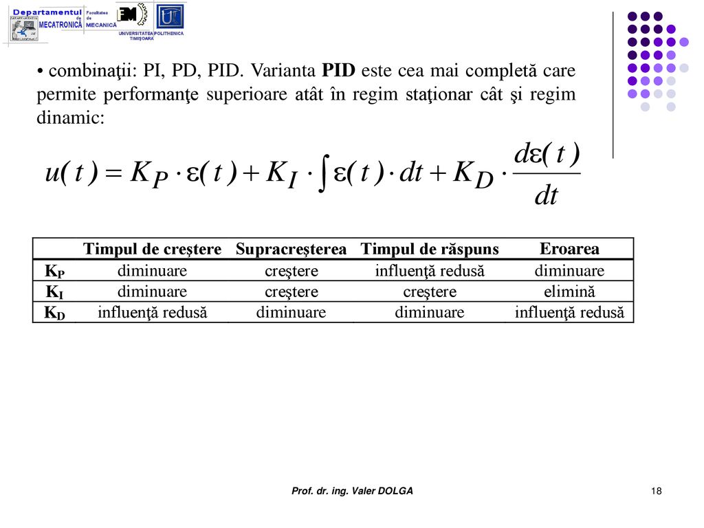 combinaţii: PI, PD, PID. Varianta PID este cea mai completă care permite performanţe superioare atât în regim staţionar cât şi regim dinamic: