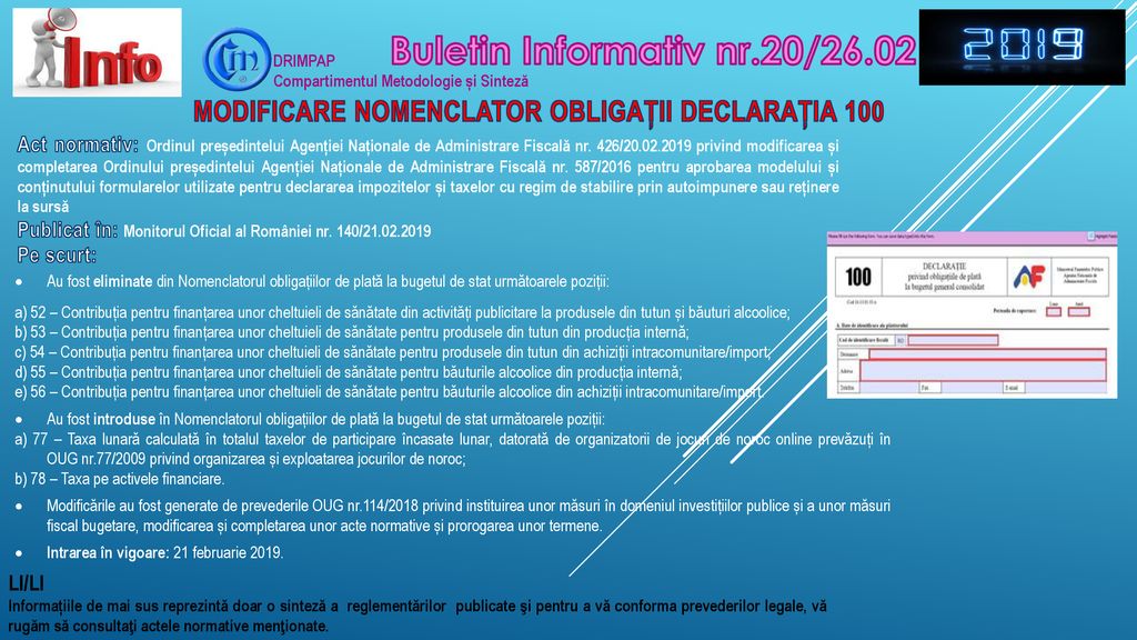 Modificare nomenclator obligații Declarația 100