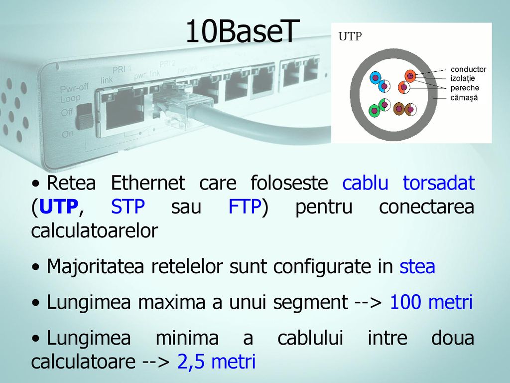 10BaseT Retea Ethernet care foloseste cablu torsadat (UTP, STP sau FTP) pentru conectarea calculatoarelor.
